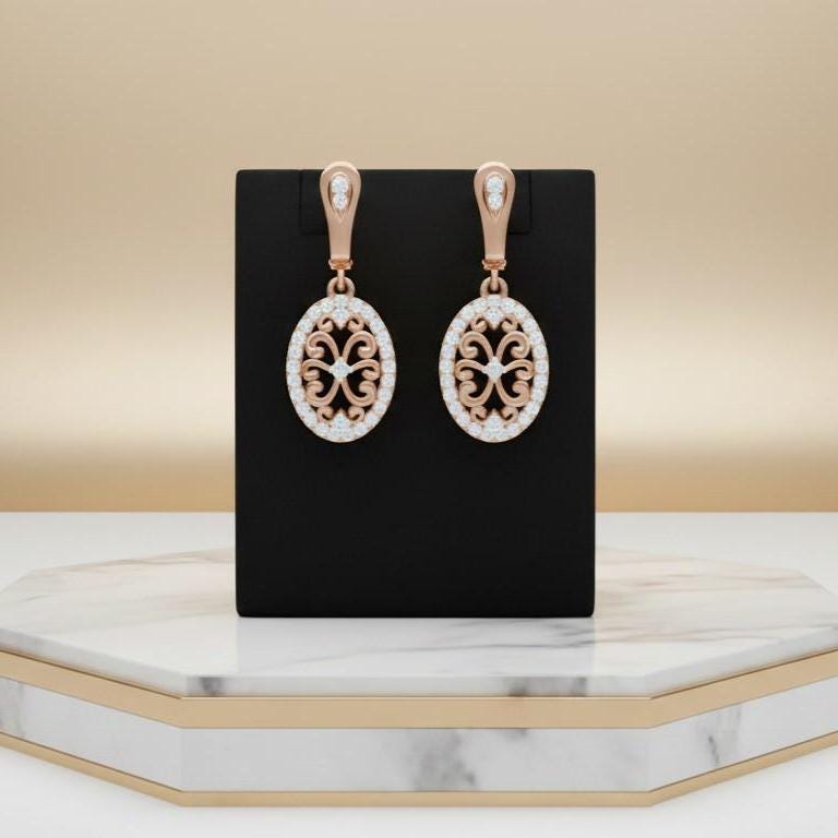 Moissanite Oval Drop Stud Earrings | Hypoallergenic Filigree Dangle Earrings | Gold, Rose Gold & Silver | Riora