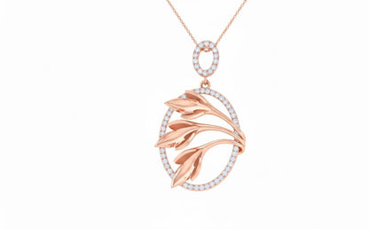 Leaf Oval Pendant Necklace, Gold Rose Silver Botanical Charm,  Gift for Her Valentine