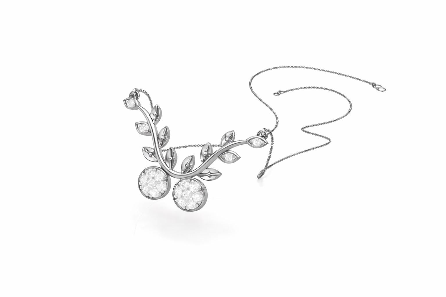 Rose gold or silver moissanite cherry branch necklace with leaf pendant, nature-inspired minimalist bridal jewelry by Riora.