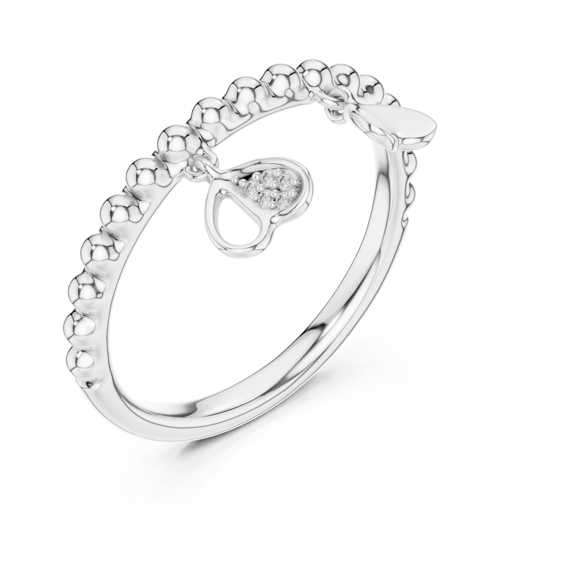 Rose gold moissanite heart charm ring with beaded band, featuring dangling romantic jewelry design by Riora.