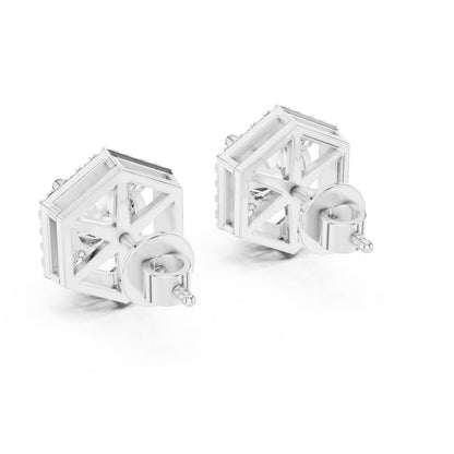 Riora hexagon moissanite diamond stud earrings in rose gold and silver, minimalist geometric dainty jewelry with a modern design