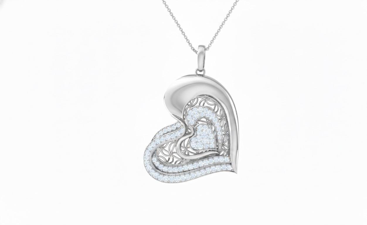 Moissanite Heart Pendant Necklace – Rose Gold Filigree, Adjustable Chain