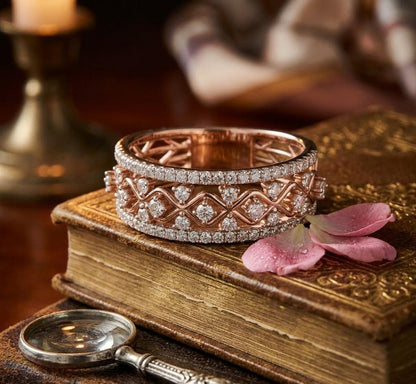 Riora vintage moissanite diamond eternity band with lattice design in rose gold and silver, ideal for wedding or anniversary jewelry.