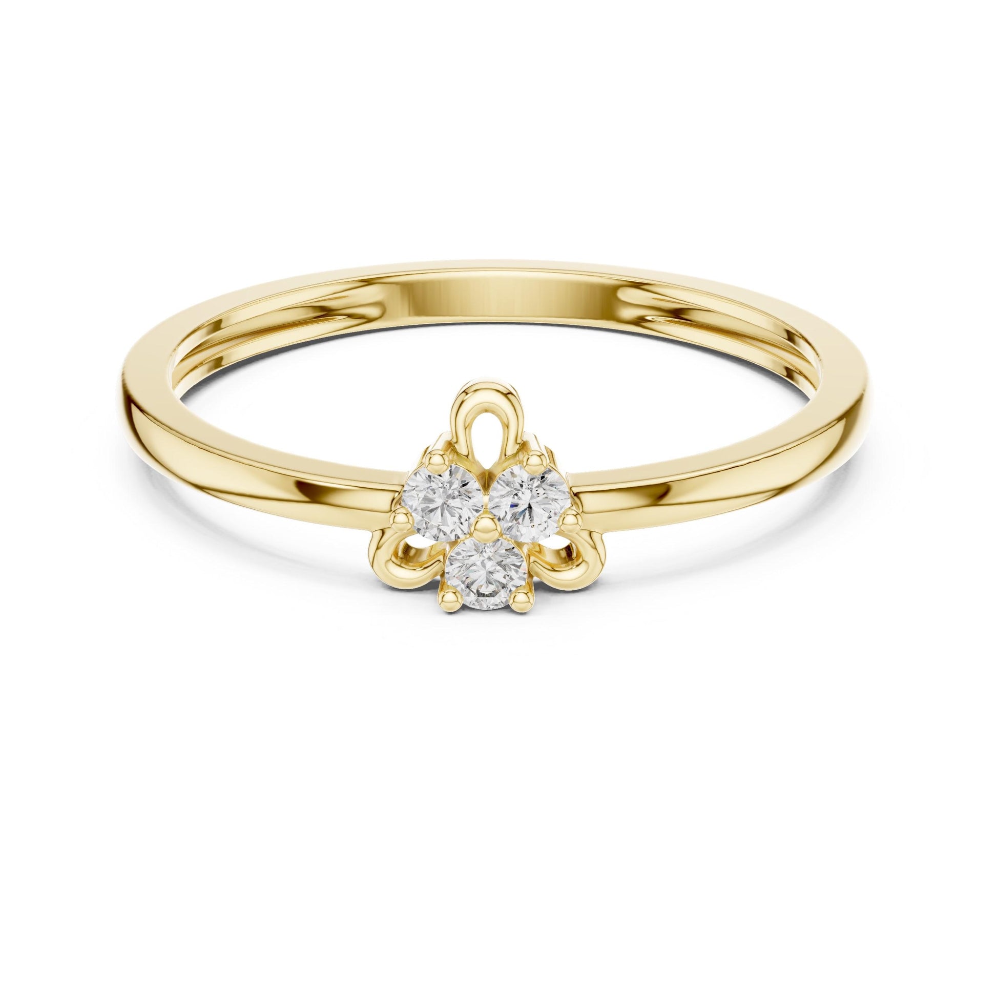 Rose gold dainty moissanite flower ring with delicate floral design, stackable promise band, minimal engagement jewelry by Riora