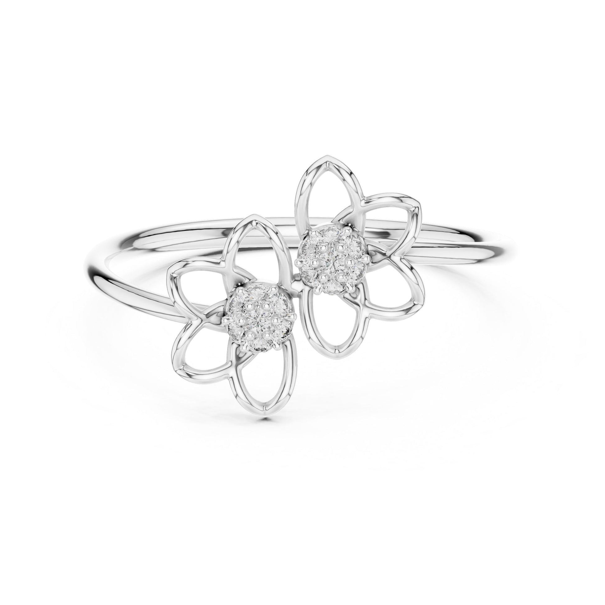 Riora double flower moissanite and diamond silver floral vintage promise ring with rose accents, bridal gift jewelry.