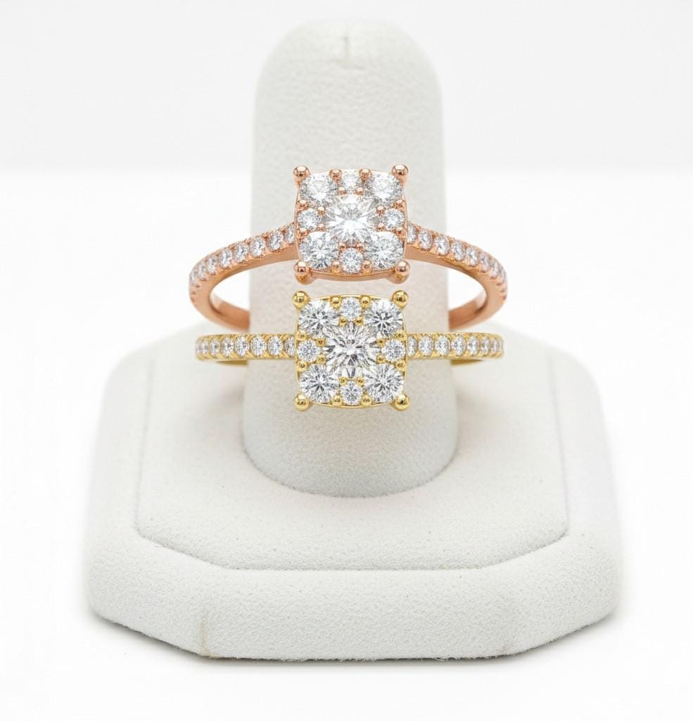 Square Halo CZ Ring | Pavé Band Engagement & Promise Ring | Gold, Rose Gold & Silver
