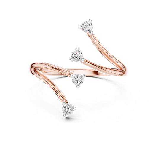 Riora moissanite open wrap ring with minimalist diamond-style curved band in gold, rose gold, and silver jewelry.