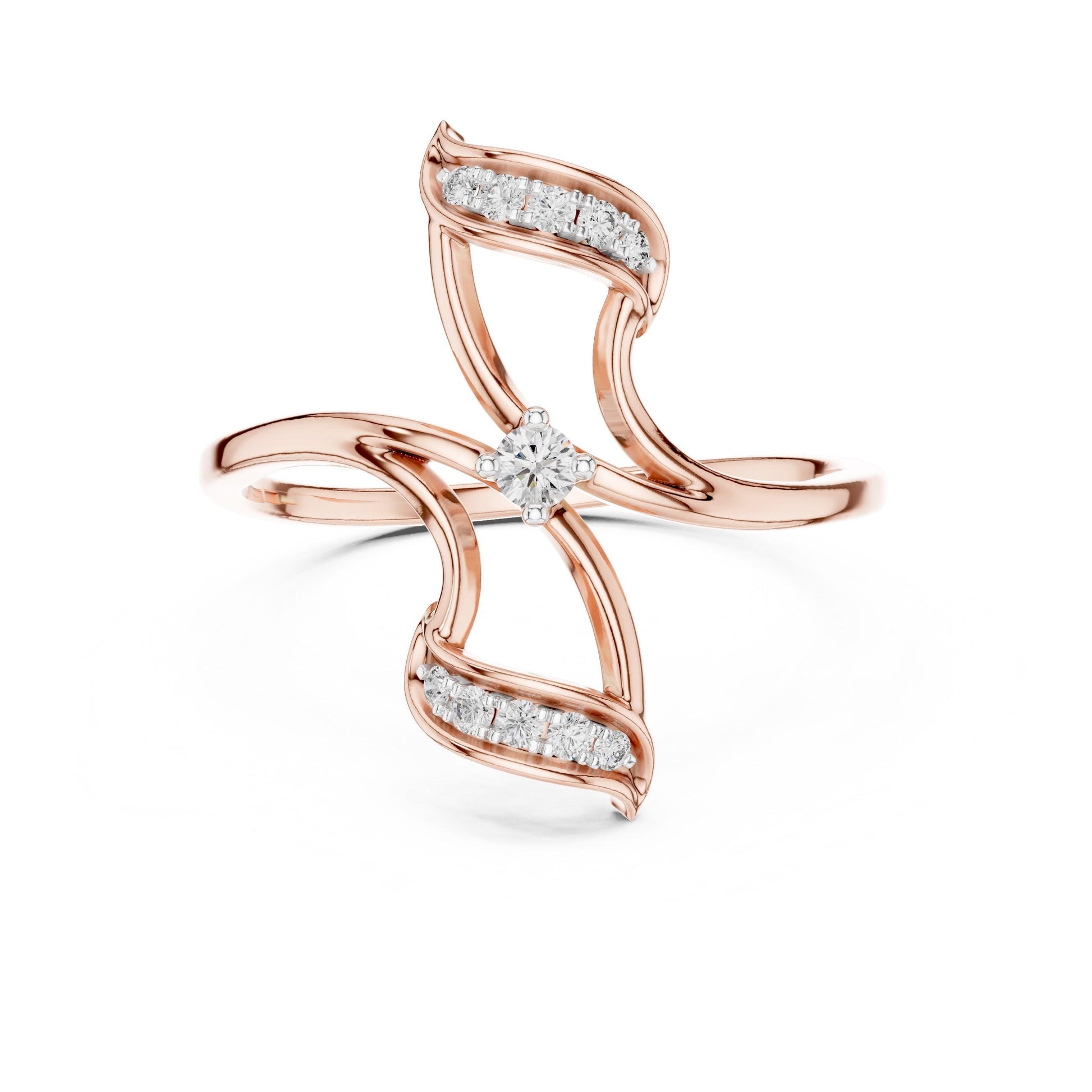 Riora Moissanite leaf twist ring in rose gold, featuring a nature-inspired vine design for a minimalist wedding band.