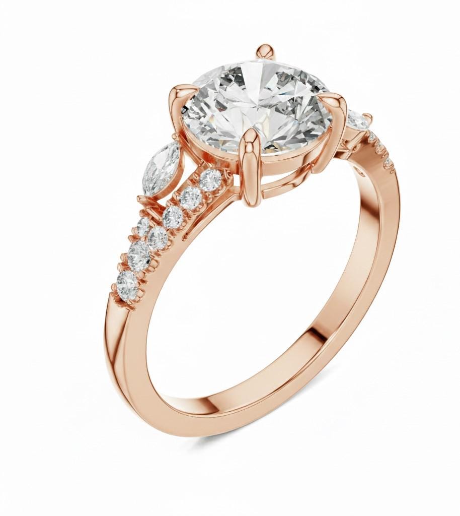 Rose gold and silver luxury engagement ring with a romantic design, nickel-free bridal jewelry by Riora.