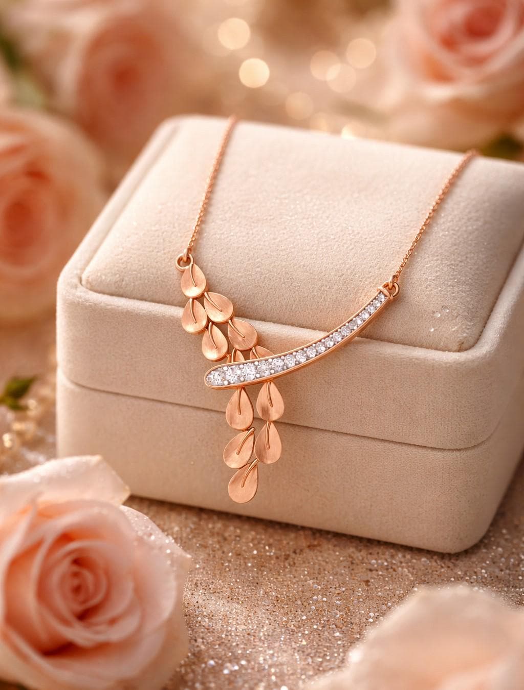 Rose gold moissanite leaf drop necklace with delicate botanical pendant, minimalist design perfect for bridal or elegant jewelry looks.