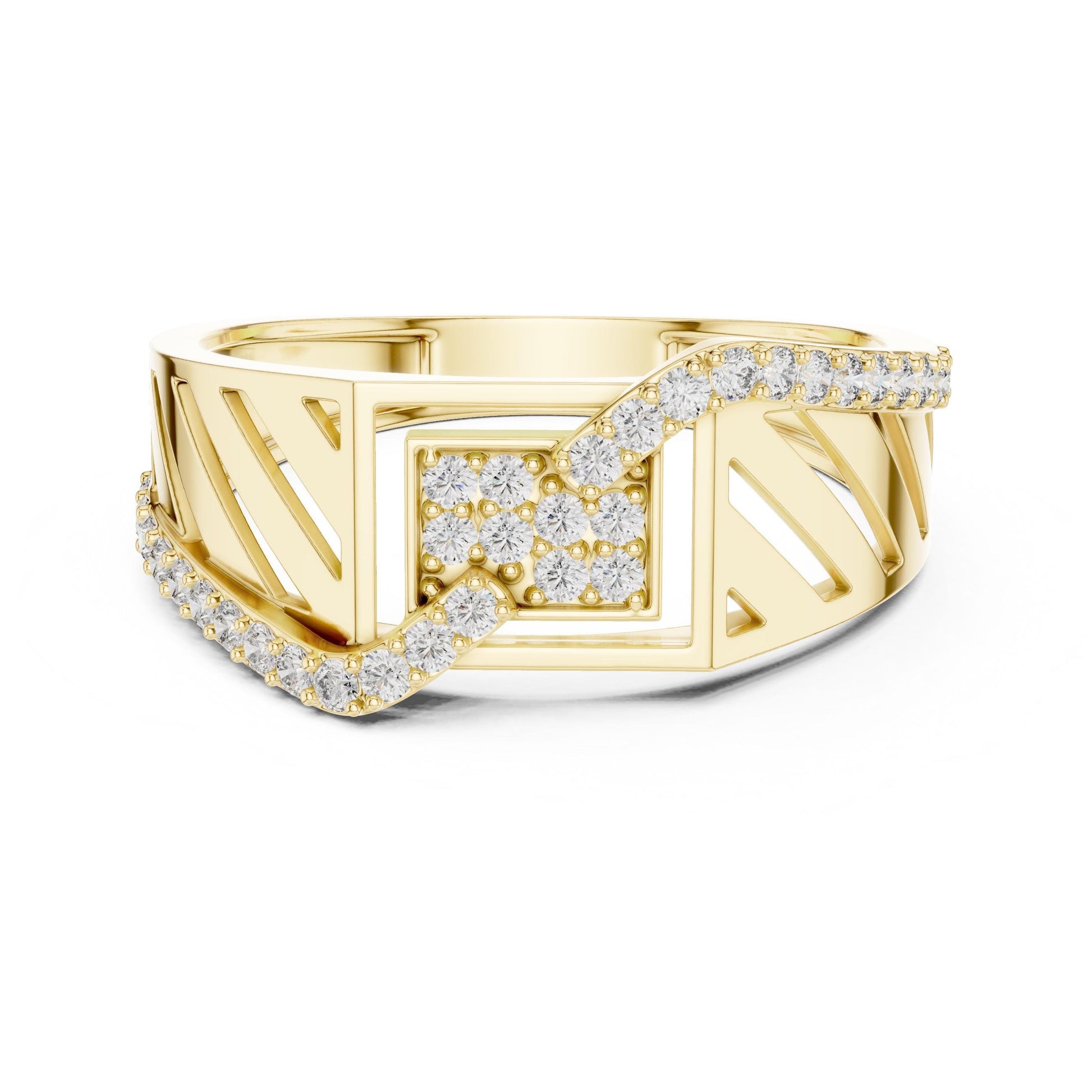 Riora geometric wave CZ wide band ring in gold and silver, hypoallergenic luxury jewelry for anniversary or Valentine gift.