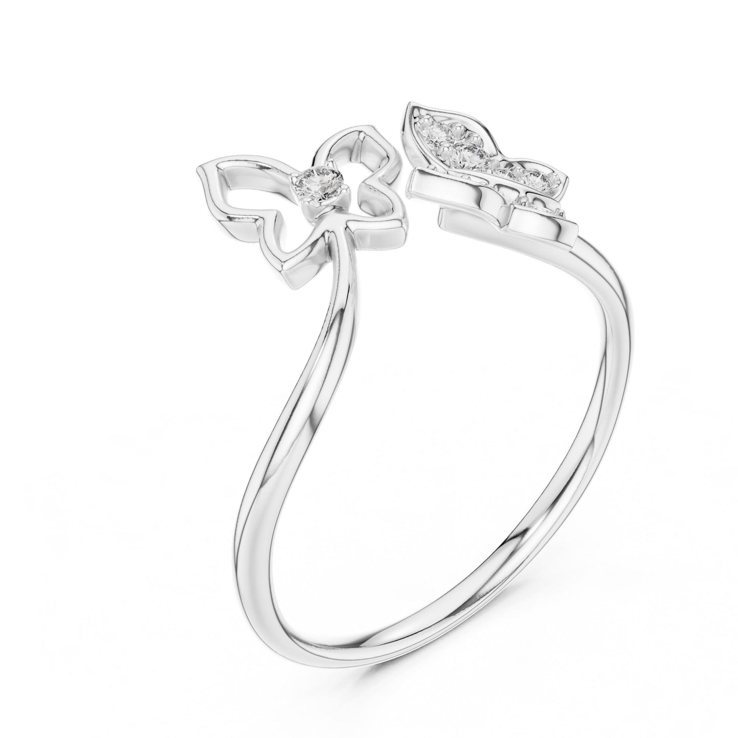Rose gold moissanite butterfly ring with an adjustable, nature-inspired band, minimalist design, perfect for promise or everyday jewelry.