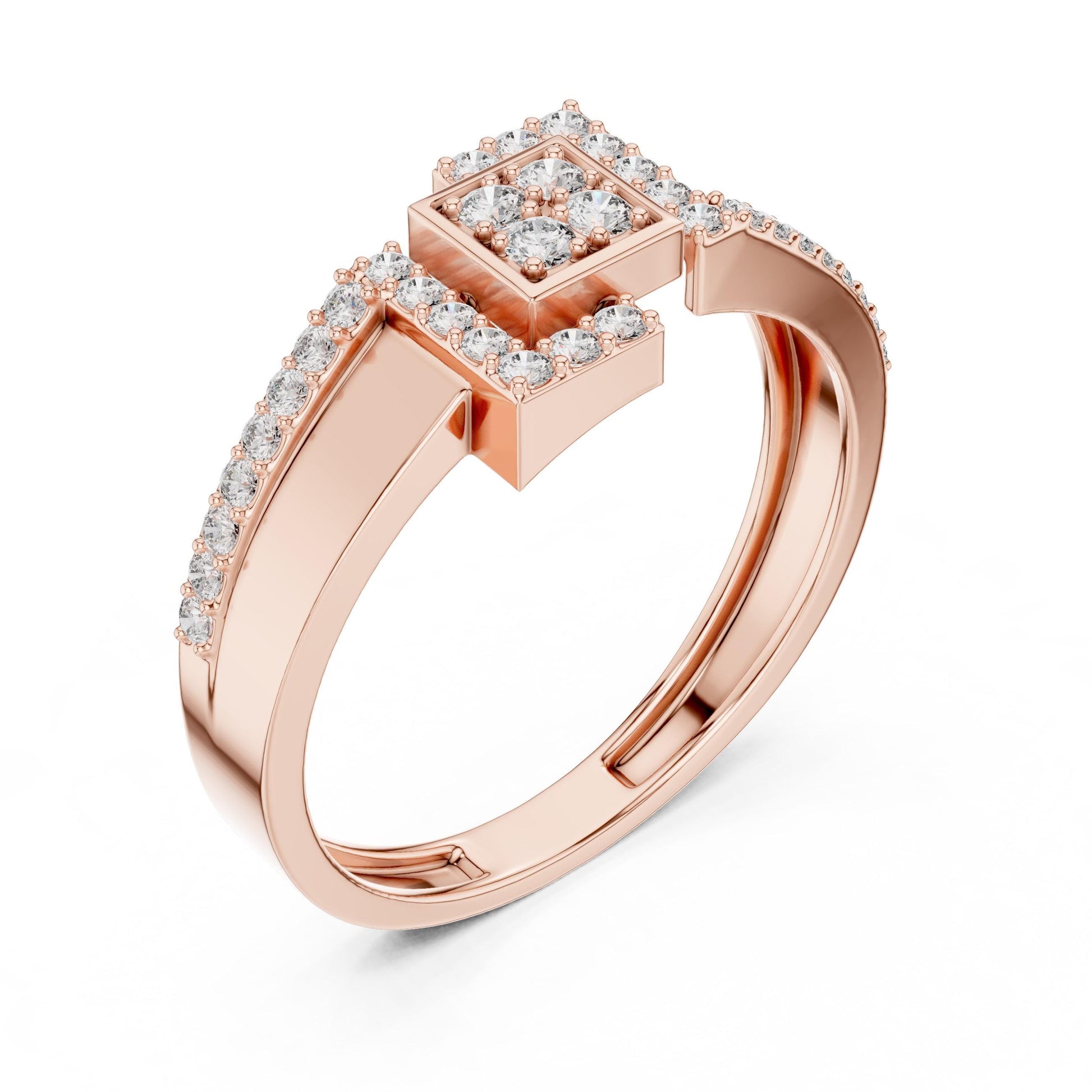Minimalist gold and silver moissanite geometric ring by Riora, featuring a sleek, modern design for engagement or promise jewelry.