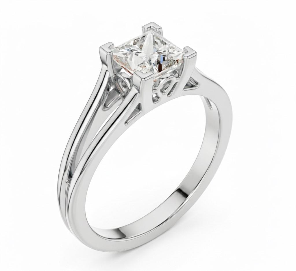 Riora princess cut cubic zirconia engagement ring in gold, rose, and silver with a minimalist bridal design.