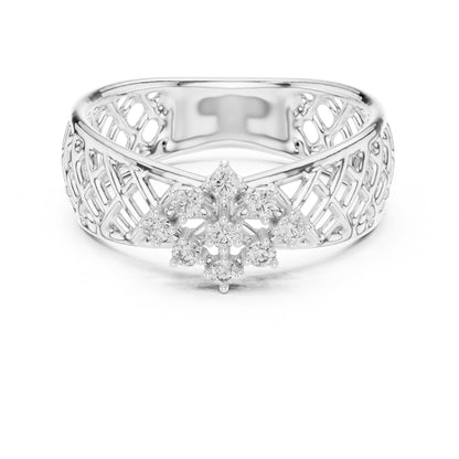 Riora moissanite cluster engagement ring with vintage lattice band, floral design, rose gold and silver finish, detailed gemstone setting