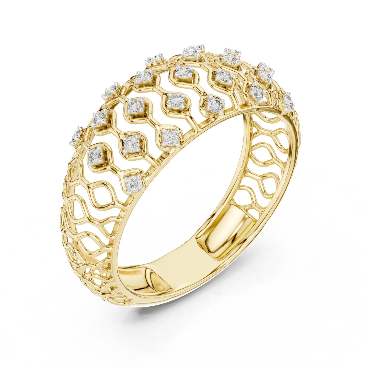 Rose gold moissanite wide wedding band with lattice design and diamond-like sparkle, luxury bridal jewelry by Riora