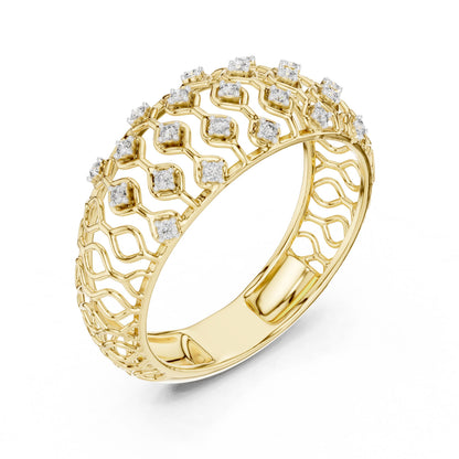 Rose gold moissanite wide wedding band with lattice design and diamond-like sparkle, luxury bridal jewelry by Riora