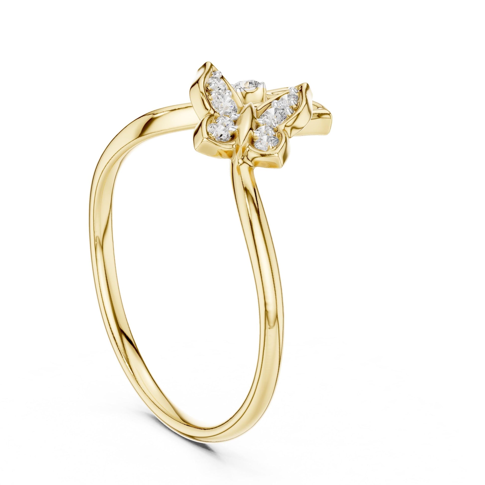 Riora moissanite butterfly ring with rose gold band, adjustable nature-inspired design, minimalist promise jewelry.