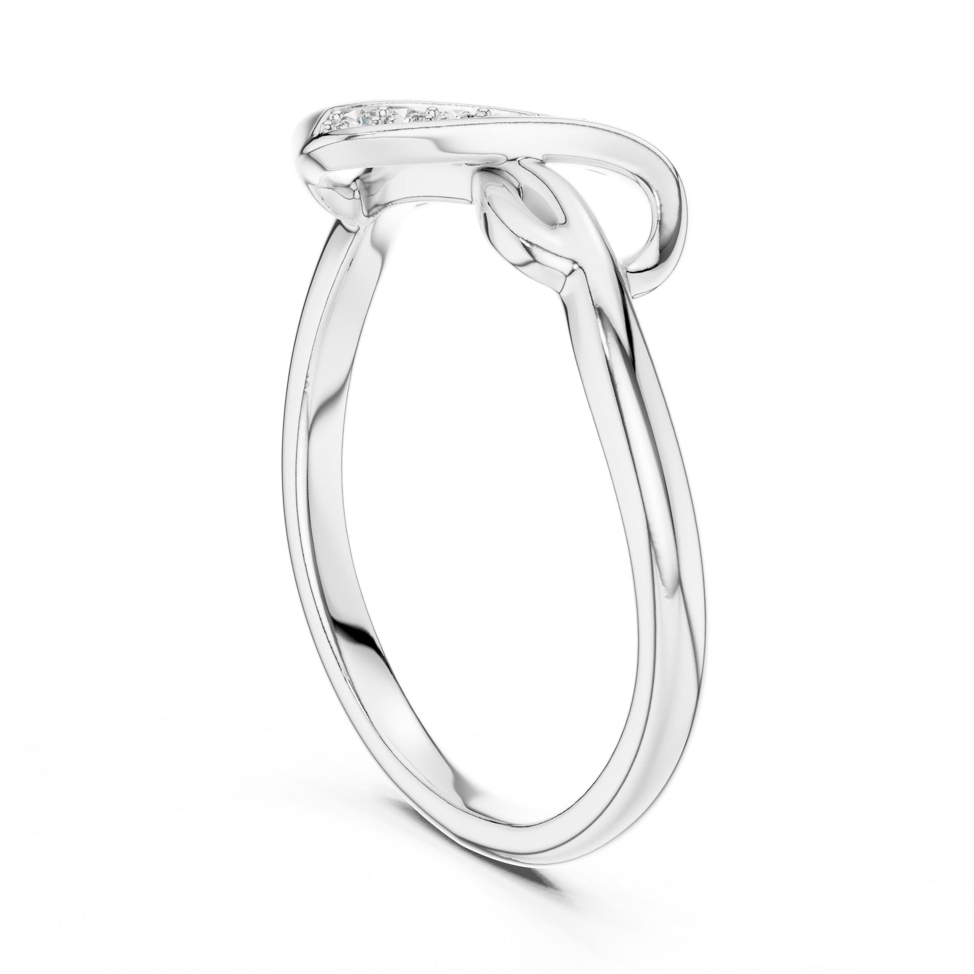Riora infinity knot moissanite diamond ring featuring a dainty minimalist design, perfect for stacking or as a promise band.