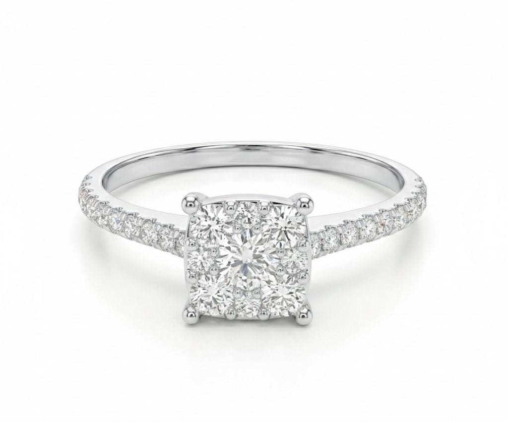Square Halo CZ Ring | Pavé Band Engagement & Promise Ring | Gold, Rose Gold & Silver