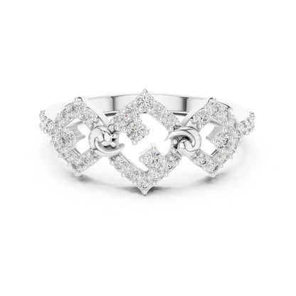 Rose gold vintage-inspired moissanite diamond halo engagement ring with art deco design and bridal promise band by Riora.