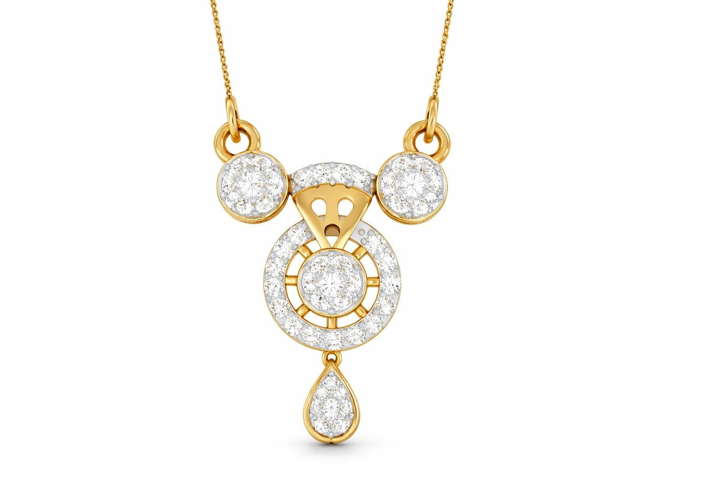 Riora moissanite halo drop necklace with diamond look pendant in gold, rose gold, and silver for bridal or wedding jewelry