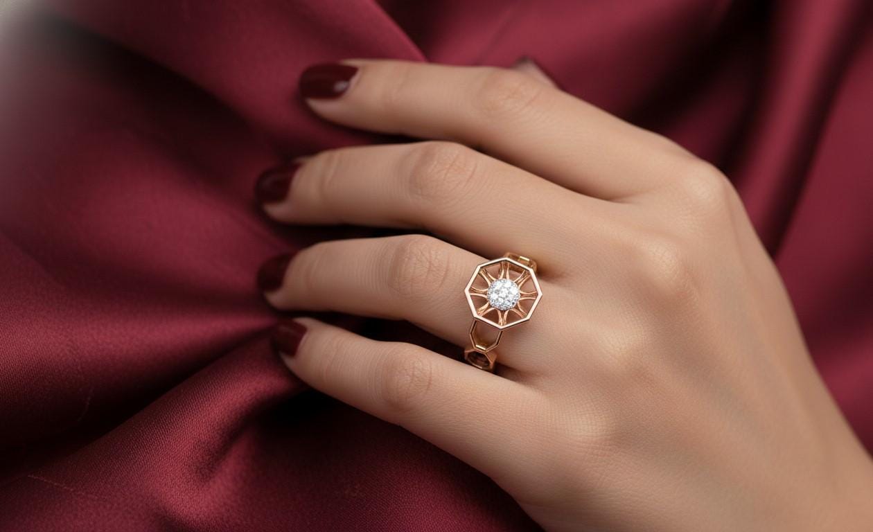 Geometric Moissanite Ring | Hypoallergenic Floral Statement Ring | Gold Rose Gold Silver | Engagement & Valentine Gift