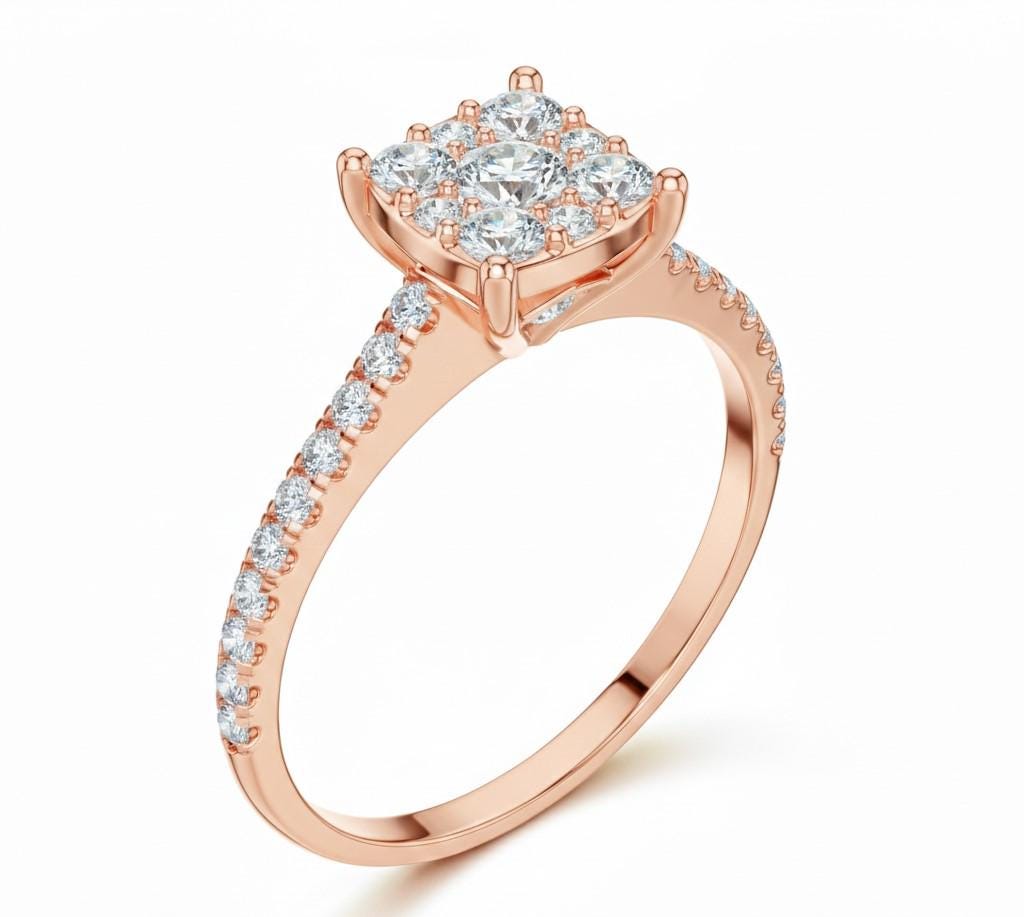 Square Halo CZ Ring | Pavé Band Engagement & Promise Ring | Gold, Rose Gold & Silver