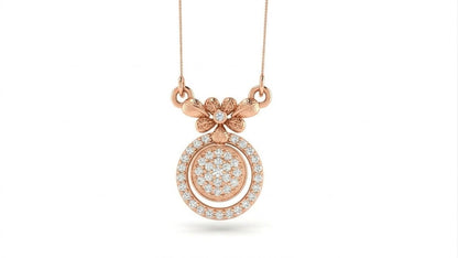 Riora moissanite floral halo pendant necklace with rose gold finish, adjustable chain, elegant bridal jewelry, statement piece