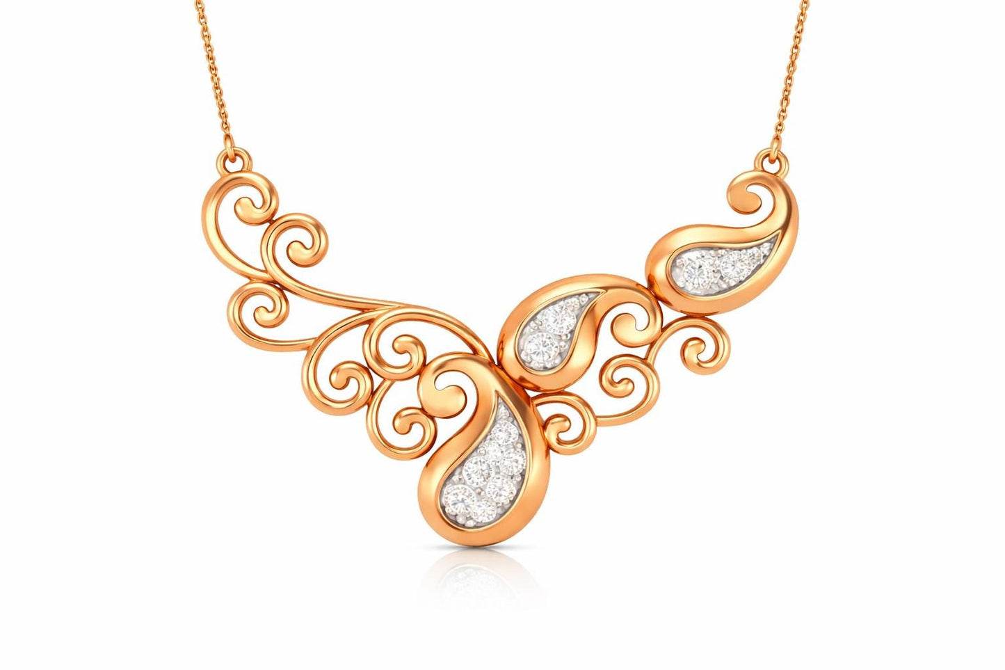 Riora moissanite scroll necklace with vintage pendant in rose gold, silver, and gold jewelry, bridal statement gift.