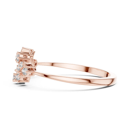 Rose gold floral vine moissanite diamond wedding band with leaf design, dainty engagement jewelry from Riora.