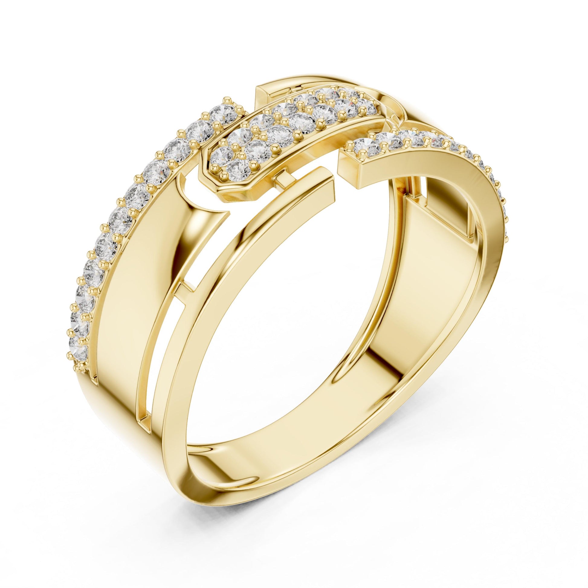 Riora luxury CZ link band ring in gold, rose, and silver with hypoallergenic design, perfect for statement or anniversary wear.