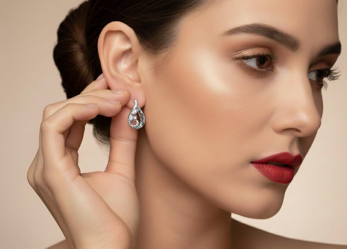 Riora Moissanite teardrop stud earrings in gold, rose gold, and silver, nickel-free, perfect for bridal gift or elegant wear