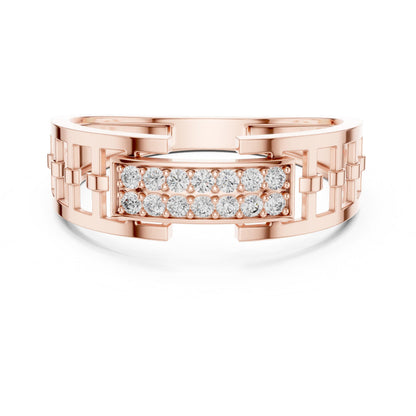 Riora wide CZ link band ring in gold, rose, and silver with hypoallergenic statement design for women’s wedding and promise jewelry.