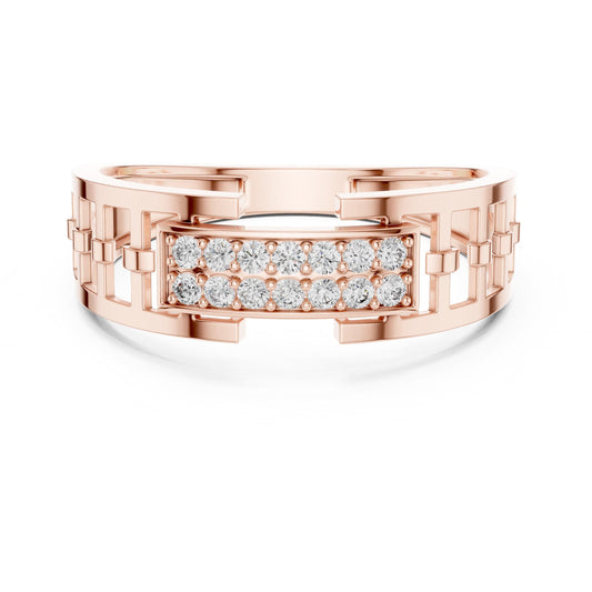 Riora wide CZ link band ring in gold, rose, and silver with hypoallergenic statement design for women’s wedding and promise jewelry.
