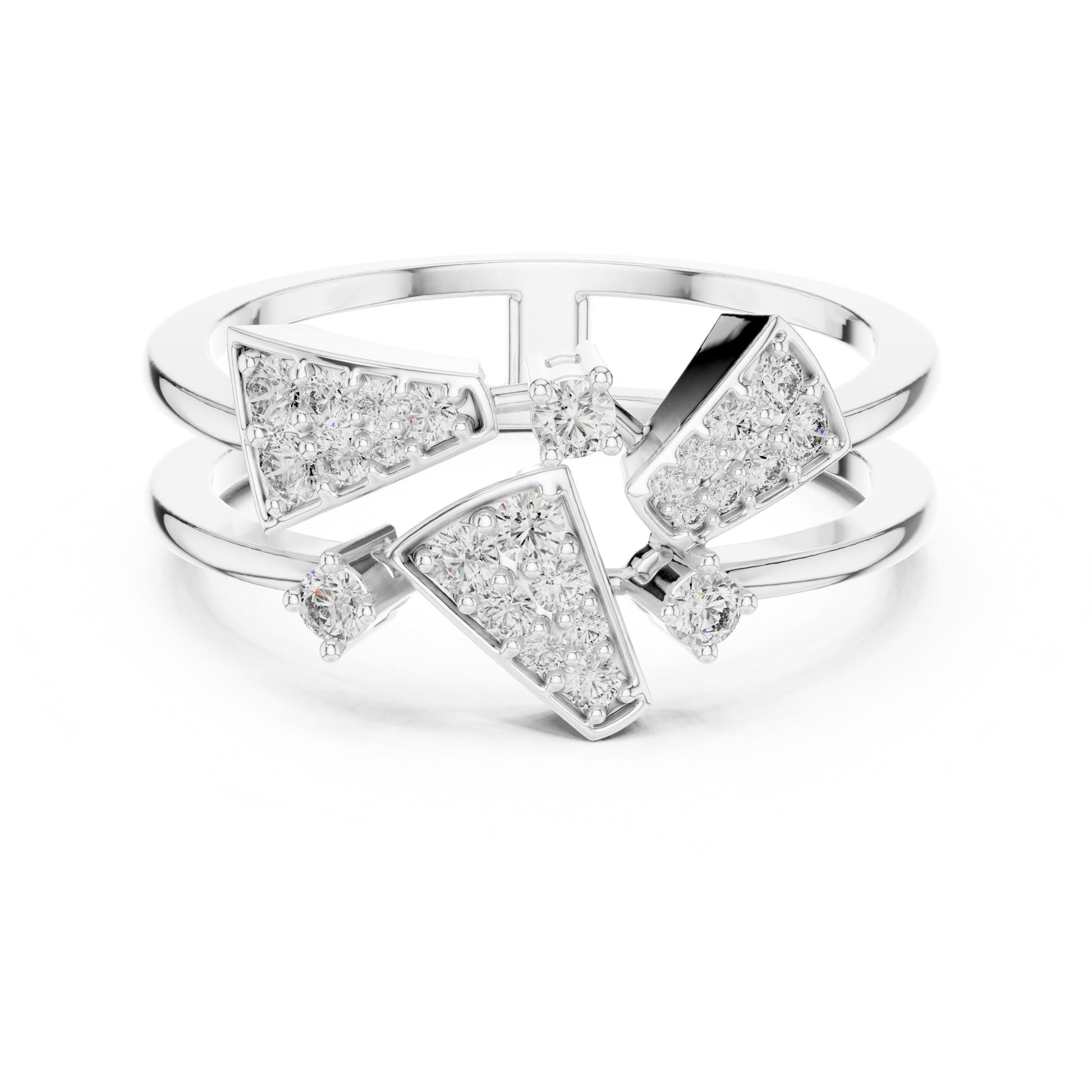 Rose gold geometric moissanite diamond statement ring for women by Riora, featuring bold modern designer jewelry design.