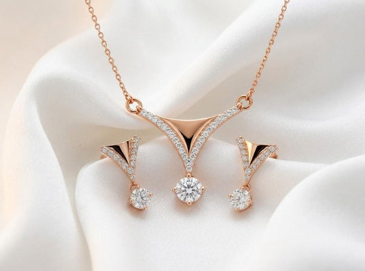 Riora Moissanite diamond necklace and earrings set with rose pendant, minimalist luxury bridal jewelry for women.