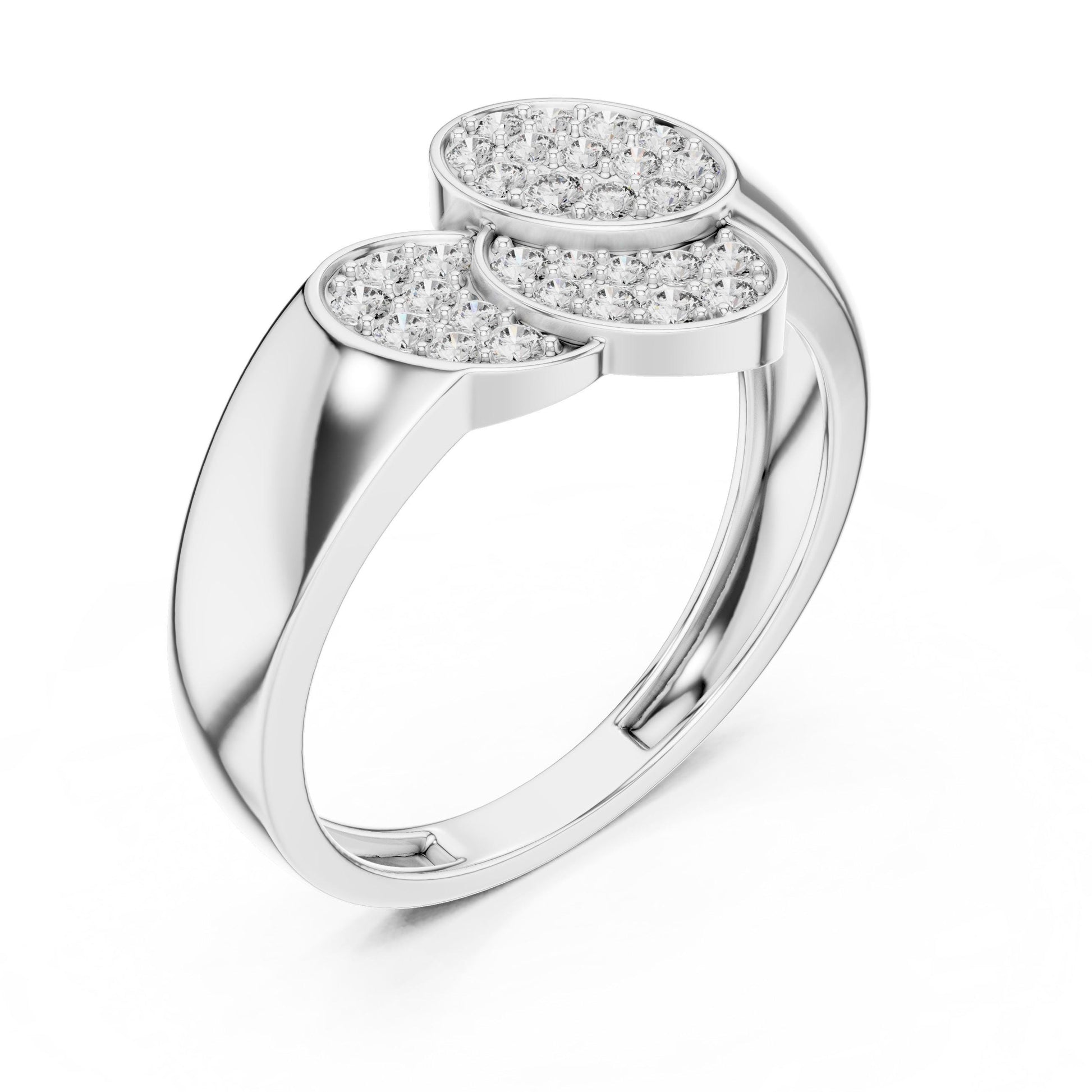 Riora luxury triple cluster moissanite diamond ring with rose gold band, dainty bridal statement promise ring on a neutral background