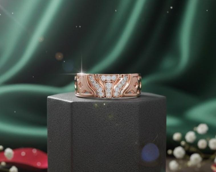 Riora Moissanite diamond statement cocktail ring in gold rose tone with bold, elegant design for wedding or party jewelry.
