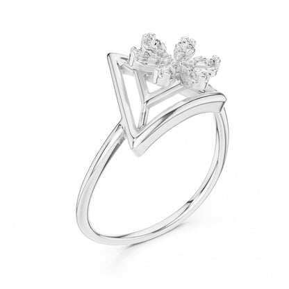 Riora Moissanite flower triangle ring with gold rose gold band, featuring geometric floral design and minimalist diamond style.