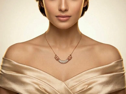 Riora Moissanite crescent necklace in gold, rose gold, or silver with elegant bridal jewelry design, perfect for weddings.