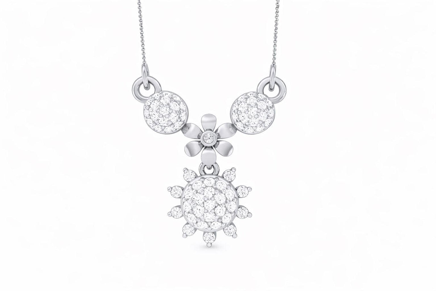 Riora moissanite floral sunburst necklace in gold, rose gold, and silver with dainty bridal jewelry pendant for women