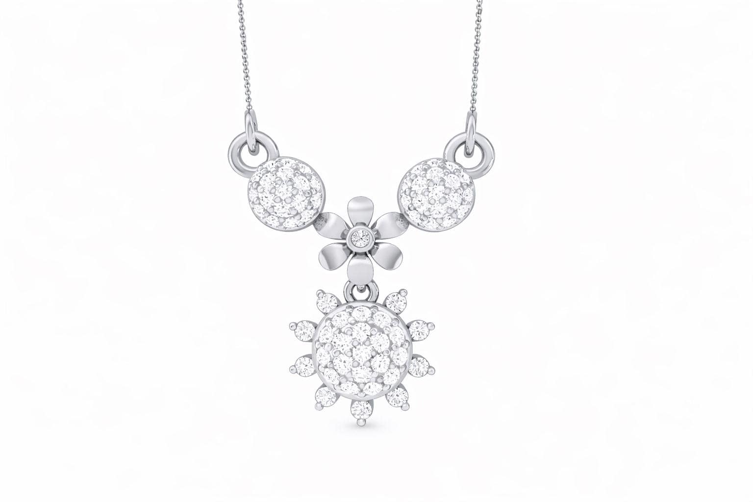 Riora moissanite floral sunburst necklace in gold, rose gold, and silver with dainty bridal jewelry pendant for women