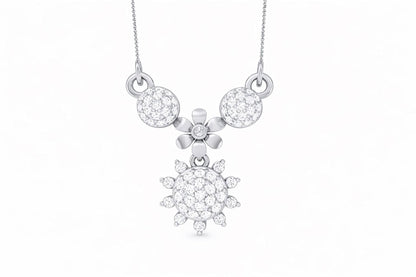 Riora moissanite floral sunburst necklace in gold, rose gold, and silver with dainty bridal jewelry pendant for women