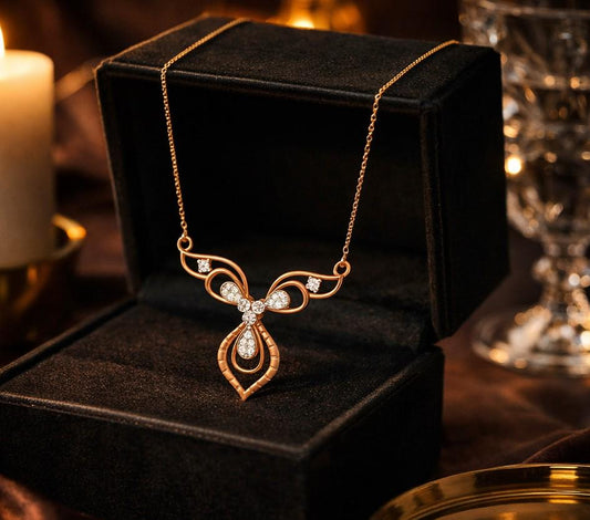 Riora rose gold butterfly necklace with moissanite pendant, elegant bridal jewelry for women, minimalist luxury gift.