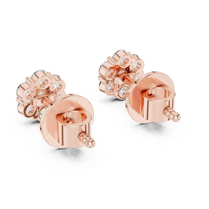 Riora gold and rose gold moissanite diamond cluster stud earrings with minimalist dainty design for bridal or everyday wear