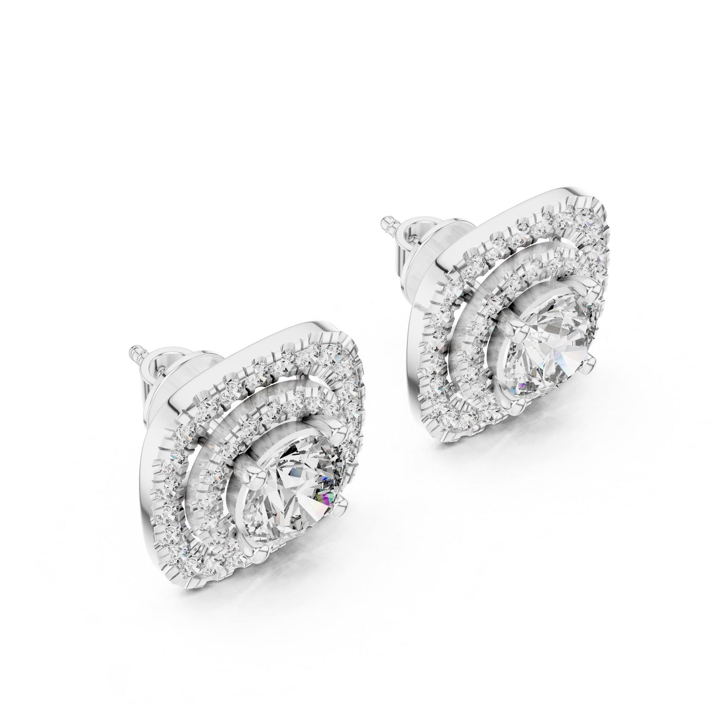 Rose gold Moissanite diamond stud earrings with halo design by Riora, minimalist jewelry perfect for weddings or gifting.