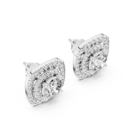 Rose gold Moissanite diamond stud earrings with halo design by Riora, minimalist jewelry perfect for weddings or gifting.