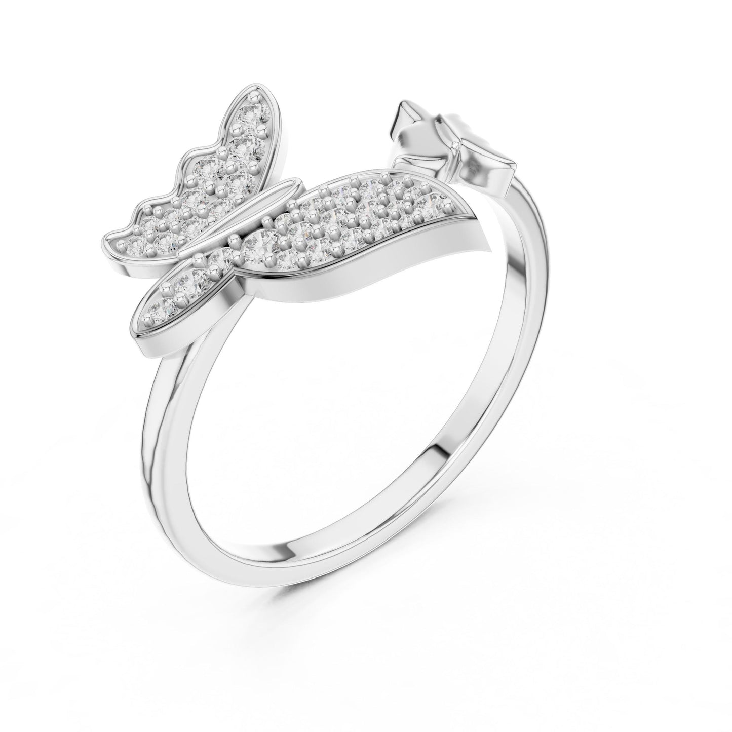 Riora moissanite butterfly promise band in gold, rose gold, and silver with nature-inspired minimalist butterfly design.
