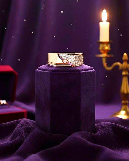 Riora luxury CZ statement ring for men and women with gold and silver band, showcasing a sparkling cubic zirconia design.